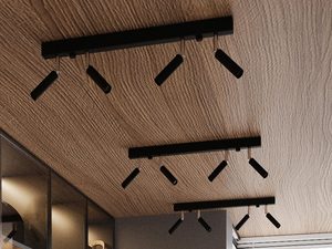 Miniaturka 6 - Szynowa lampa czarna LED z reflektorami na tle drewnianego sufitu