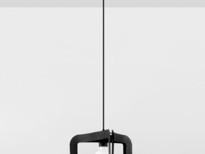 Miniaturka 5 - Lampa wisząca LED z czarną geometryczną ramą i żarówką na białej ścianie