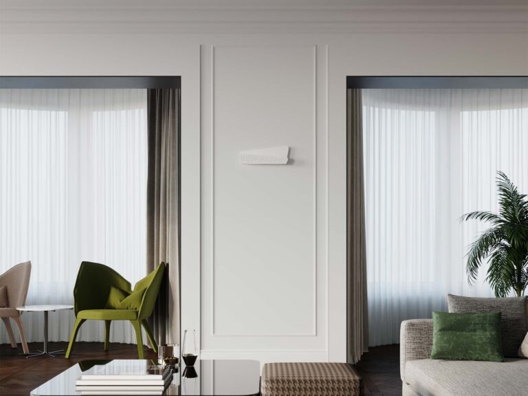 Elegancki salon z białą lampą ścienną