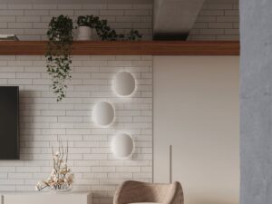 Miniaturka 1 - Aranżacja salonu z białymi kinkietami LED w stylu minimalistycznym