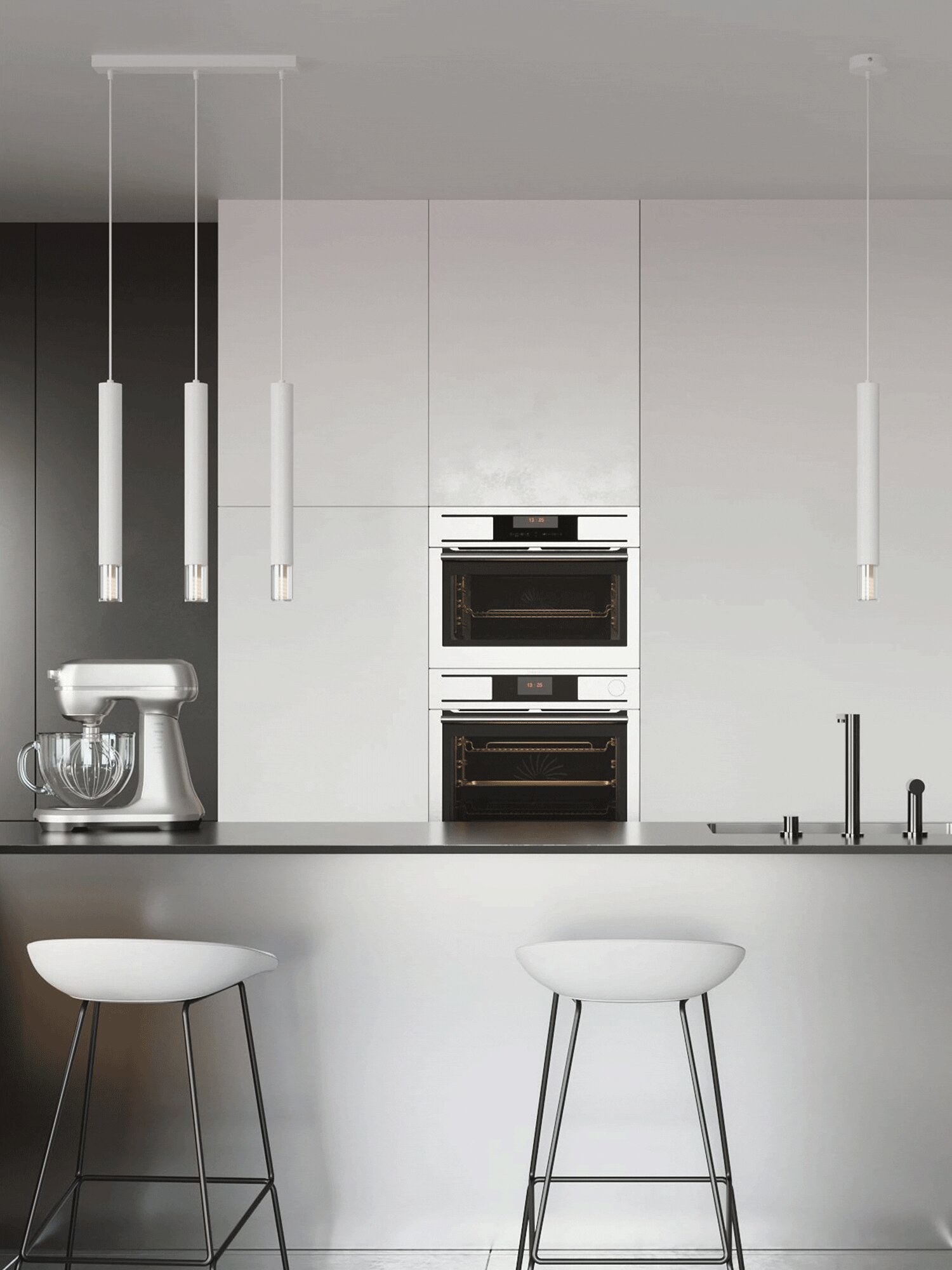 Białe wiszące tuby LED nad wyspą kuchenną w stylu skandynawskim Białe wiszące tuby LED nad wyspą kuchenną w stylu skandynawskim