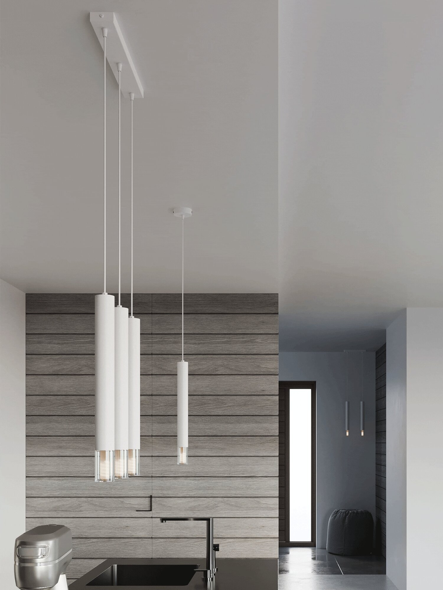 Białe wiszące tuby LED nad wyspą kuchenną w stylu skandynawskim Białe wiszące tuby LED nad wyspą kuchenną w stylu skandynawskim