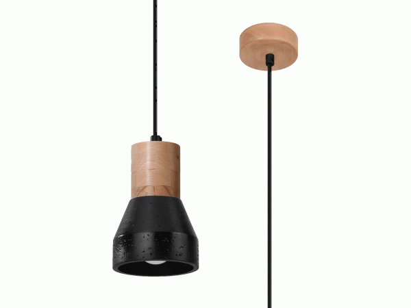 Czarna lampa z drewnianym detalem do industrialnych wnętrz