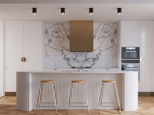 Miniaturka 3 - Nowoczesna kuchnia z marmurową ścianą i sufitowymi spotami