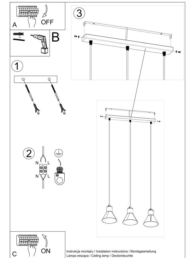 THOR 3 Lampa Wisząca z Trzema Kloszami