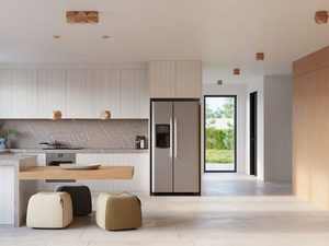 Miniaturka 6 - Nowoczesna kuchnia z lampami z drewna nad wyspą i stołem