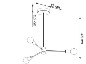 Miniaturka 6 - Techniczny szkic czarnej lampy sufitowej z trzema oprawami