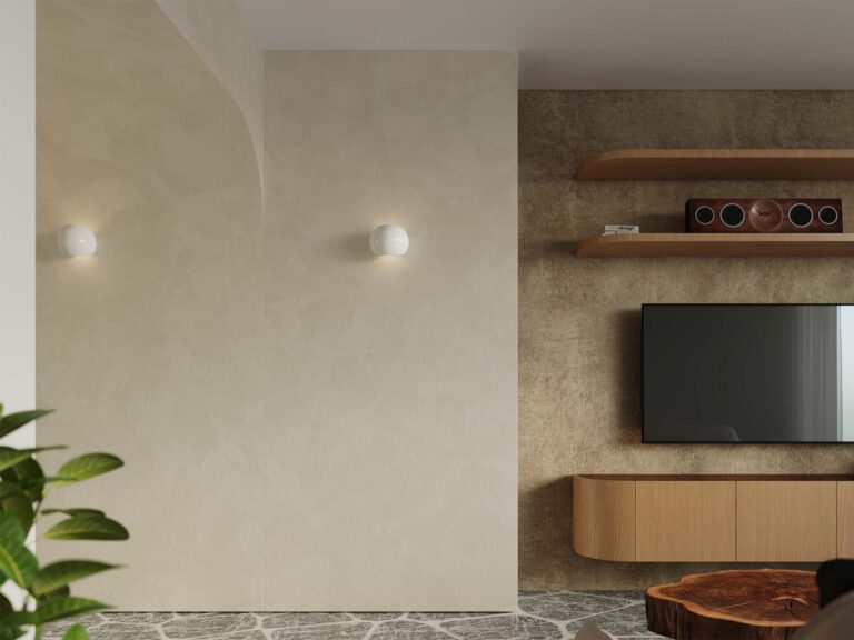 Salon z motywem drewna i betonu