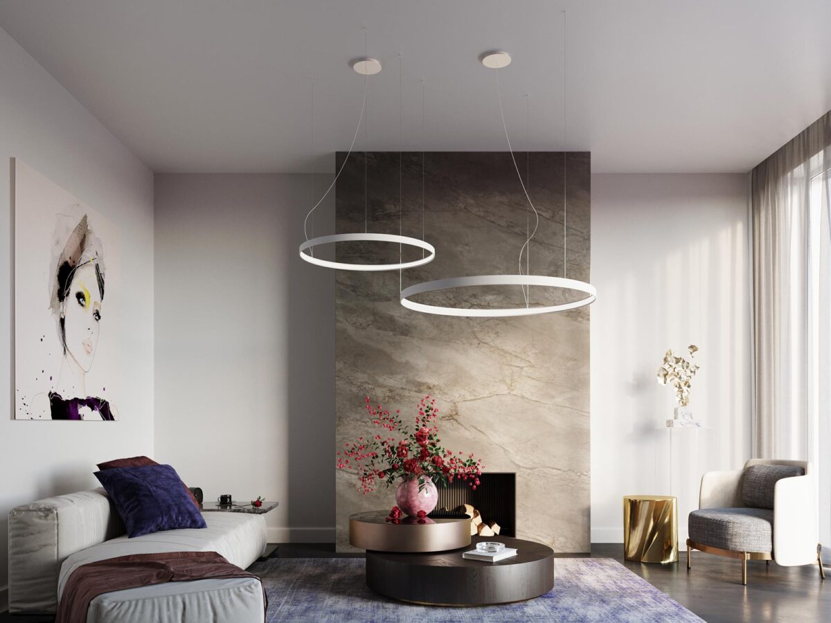 Okrągła lampa LED nad nowoczesnym salonem