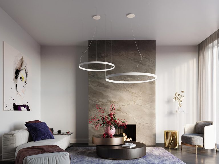 Okrągła lampa LED nad nowoczesnym salonem