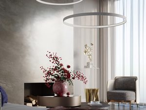 Miniaturka 42 - Designerska lampa LED nad kominkiem w eleganckim salonie