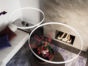 Miniaturka 44 - Okrągła lampa LED nad eleganckim salonem z kominkiem