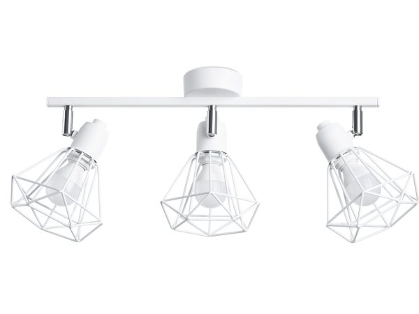 Biała lampa sufitowa z trzema drucianymi kloszami do wnętrz loftowych