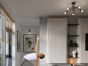 Miniaturka 6 - Wnętrze z jogą i czarnym żyrandolem w stylu industrialnym