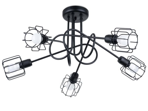 Żyrandol w stylu loftowym – czarna konstrukcja z drucianymi kloszami