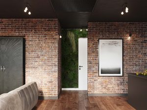 Miniaturka 5 - Nowoczesne wnętrze z industrialnym oświetleniem i czerwoną cegłą