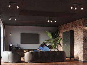 Miniaturka 4 - Salon w stylu loftowym z czarnymi lampami sufitowymi i lamelami