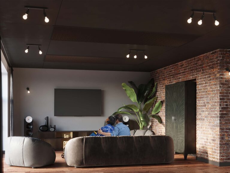 Salon loftowy z czarną szafą