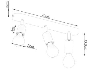 Miniaturka 7 - Rysunek techniczny czarnej lampy sufitowej z trzema reflektorami – długość 40 cm