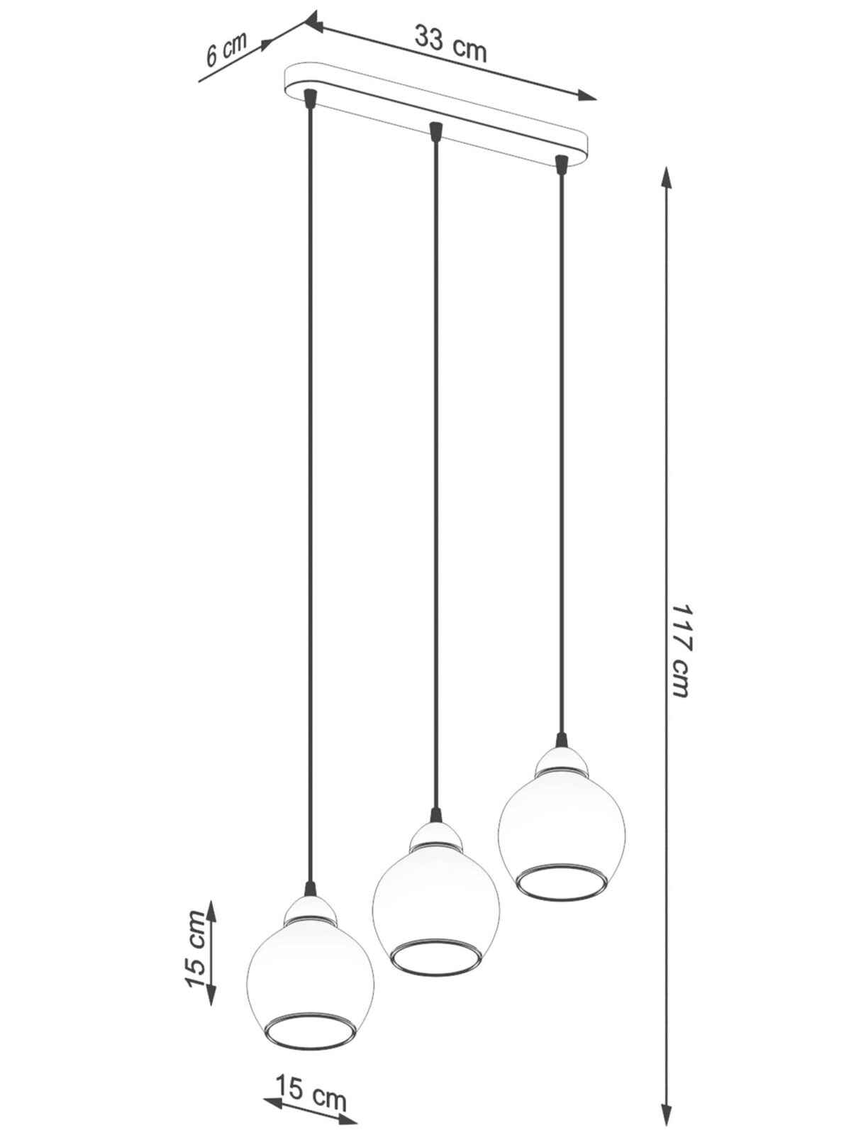 Rysunek z wymiarami i szczegółami trzech kloszy na kablach