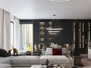 Miniaturka 19 - Oświetlenie sufitowe LED z trzema pierścieniami w eleganckim salonie