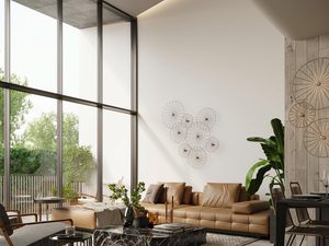 Miniaturka 2 - Ściana w salonie z dekoracją z metalowych obręczy w stylu industrialnym