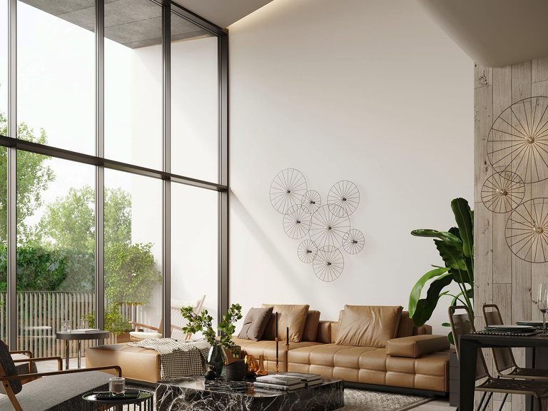 Salon industrialny z dużymi oknami