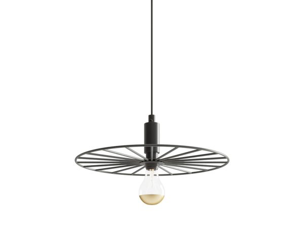 Lampa loftowa z żarówką na środku czarnego metalowego okręgu