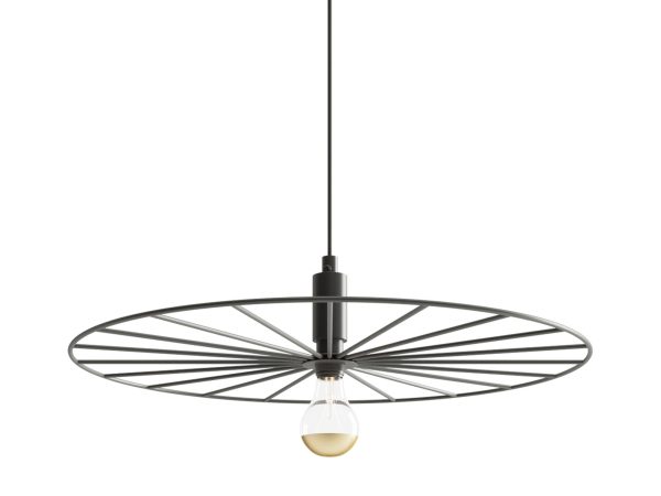 Lampa industrialna z czarnym metalowym okręgiem i widoczną żarówk