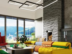 Miniaturka 5 - Nowoczesny salon z geometrycznymi lampami LED przy kominku