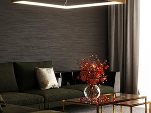 Miniaturka 23 - Złota lampa LED w ciepłej aranżacji z zasłoną i kwiatami