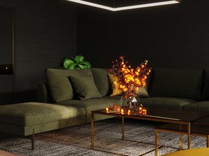 Miniaturka 19 - Designerska złota lampa LED nad sofą z kwiatową dekoracją