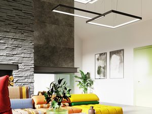 Miniaturka 2 - Kompozycja kwadratowych lamp LED zawieszonych w salonie