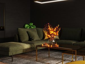 Miniaturka 15 - Lampa LED o złotej ramie w eleganckim salonie z sofą