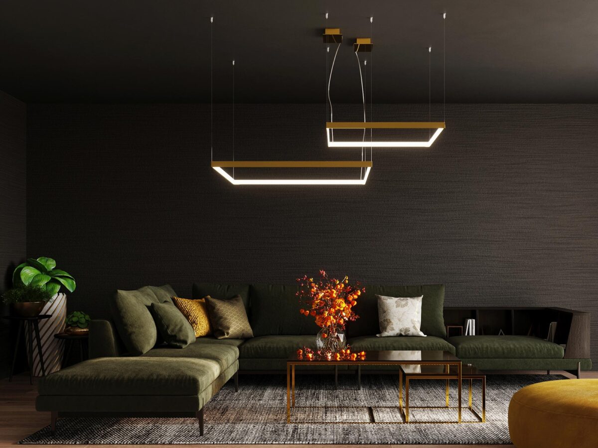 Salon z lampą LED o złotej ramie