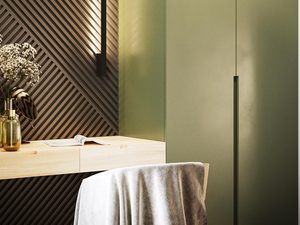 Miniaturka 15 - Nowoczesna aranżacja z zieloną ścianą i złotą lampą LED