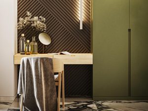 Miniaturka 22 - Lustro i złota lampa LED pionowa w nowoczesnej łazience