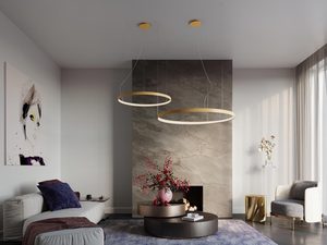 Miniaturka 35 - Designerska lampa LED w złotym wykończeniu nad kominkiem