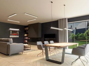 Miniaturka 21 - Jadalnia z dużym stołem i prostym oświetleniem liniowym