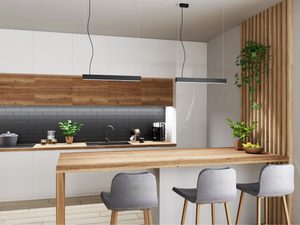 Miniaturka 8 - Kuchnia z drewnianą zabudową i zawieszoną lampą LED