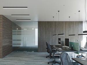 Miniaturka 9 - Przestrzeń biurowa z szarą wykładziną i liniowym światłem