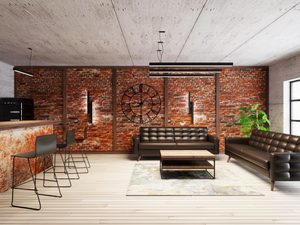 Miniaturka 16 - Industrialny salon z ceglanym murem i lampą sufitową