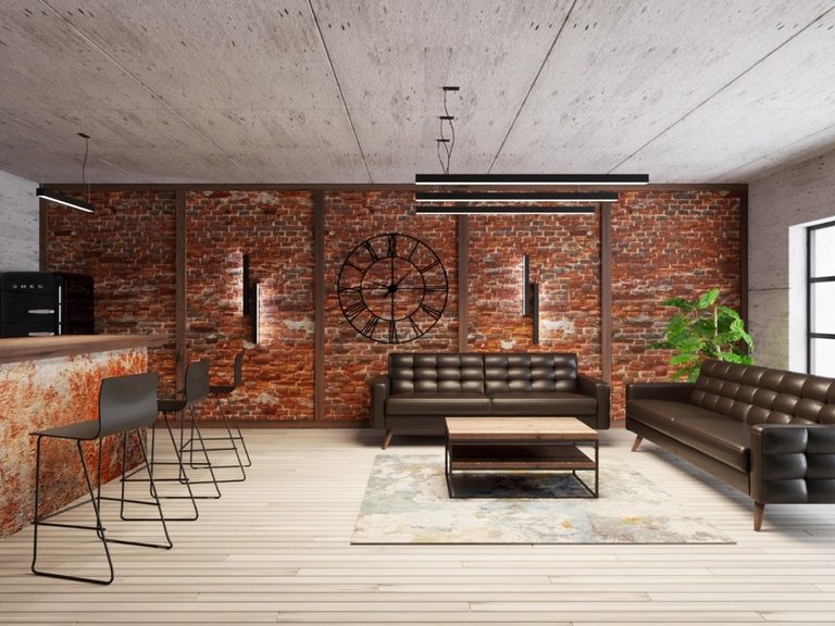 Salon w stylu loftowym z dominującą cegłą