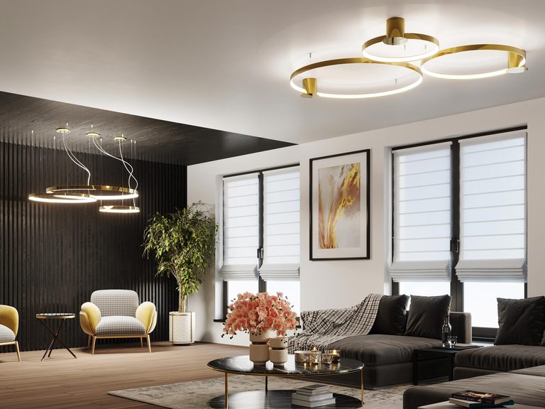 Salon modern glamour z designerskim oświetleniem
