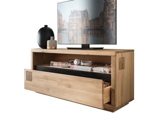 Miniaturka 1 - Szafka RTV dębowa z wysuniętą szufladą i otwartą półką