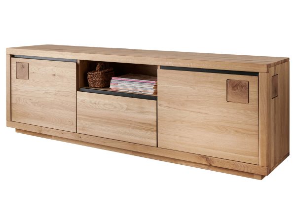 Szafka RTV z frontami otwieranymi na dotyk i otwartą półką na sprzęt