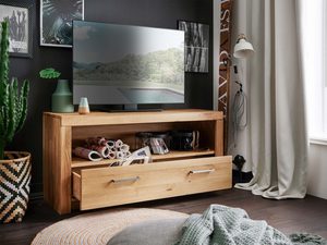 Miniaturka 5 - Meble RTV z witryną i szafką – jasne drewno, ciemna ściana