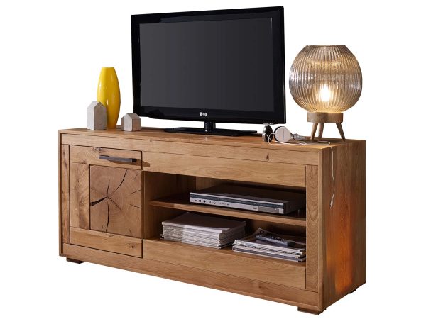 Drewniana szafka RTV z jedną szufladą i dekoracyjną rzeźbą