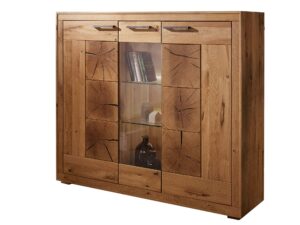 Miniaturka 9 - Dębowy highboard z witryną i dekoracyjnymi frontami słojami pnia