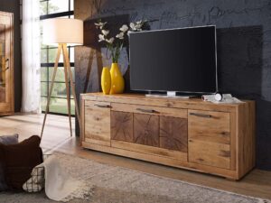 Miniaturka 2 - Drewniana szafka RTV z żółtą dekoracją i telewizorem